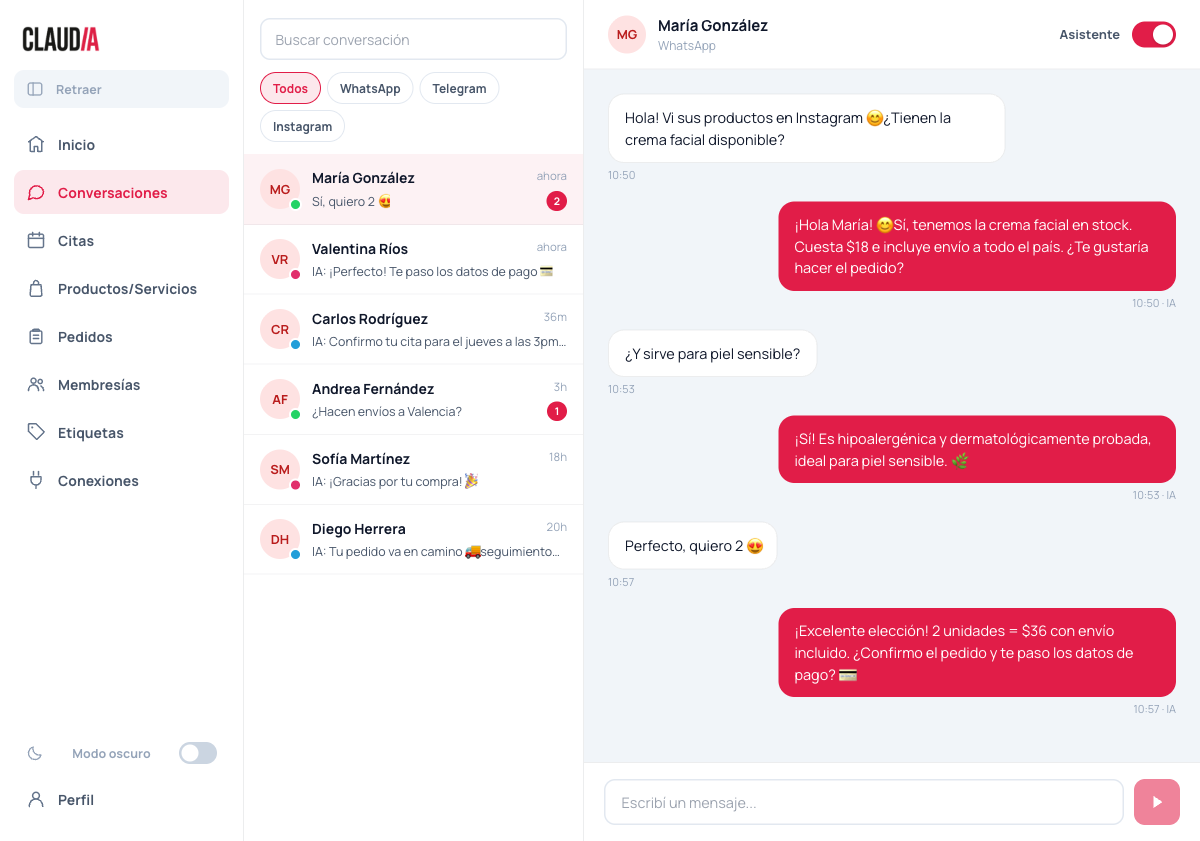 Bandeja de conversaciones de Claudia respondiendo con IA en WhatsApp, Instagram y Telegram